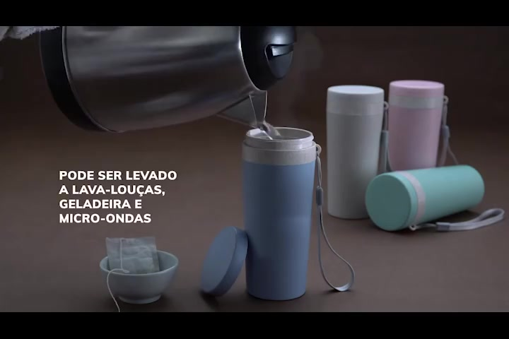 Kit 2 Copos Térmico 350ml Em Fibra De Bambu Com Alça Escola Bicicleta