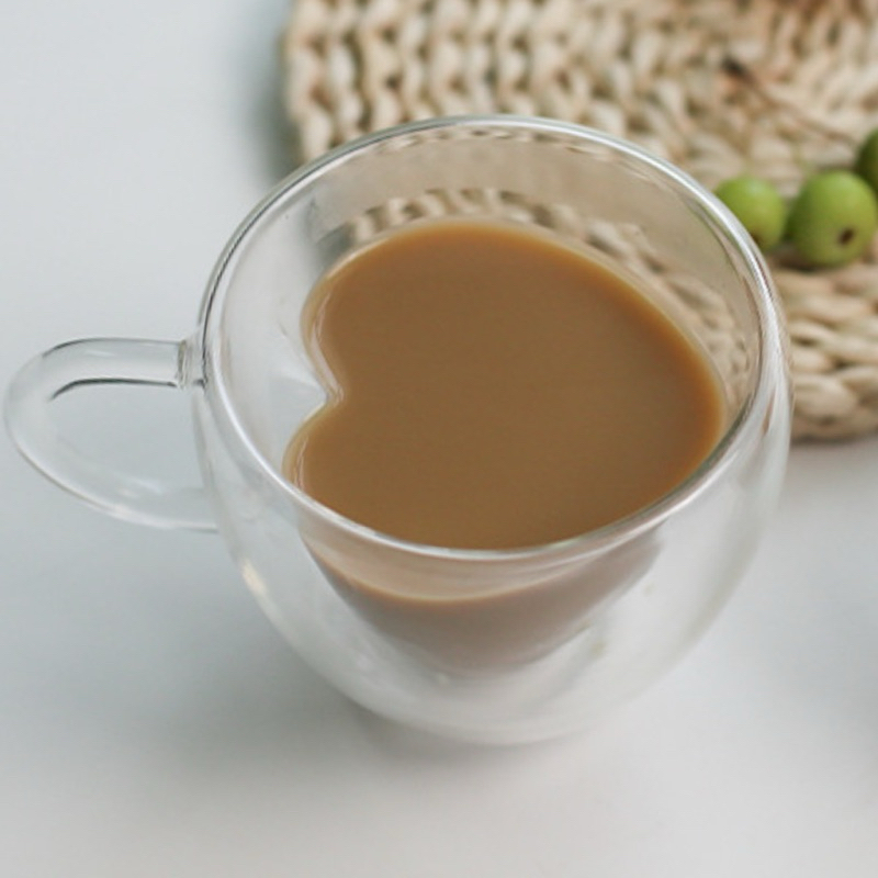 Jogo de Xícaras 4 Unidades Vidro Duplo Parede Dupla 80ml Coração P/ Café Chá Suco Água Duas Camadas Caneca Chicaras