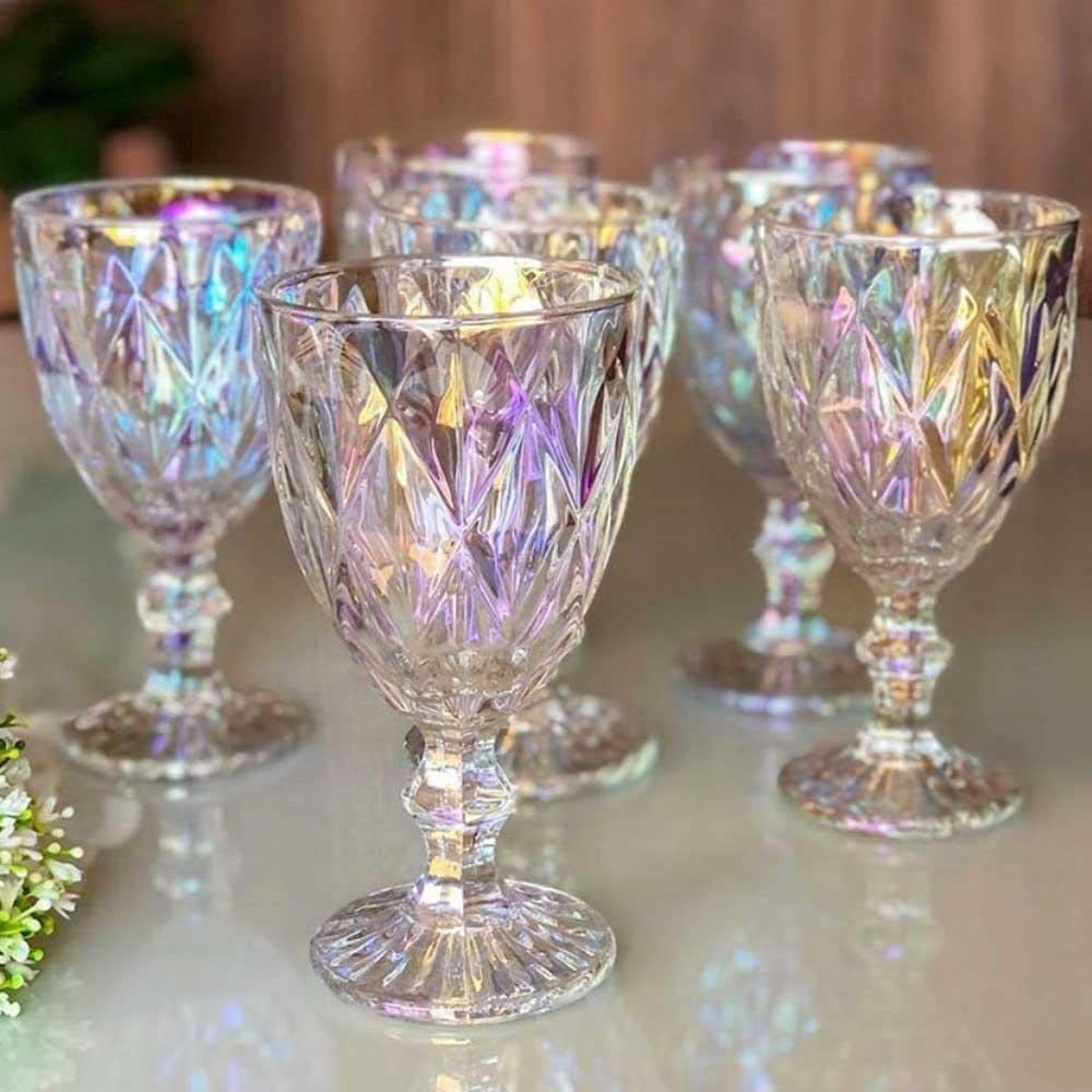 Jogo de 6 Taças de Vidro Diamond Transparente Ambar Furta Cor Verde Azul Fume Bico De Jaca 330ml