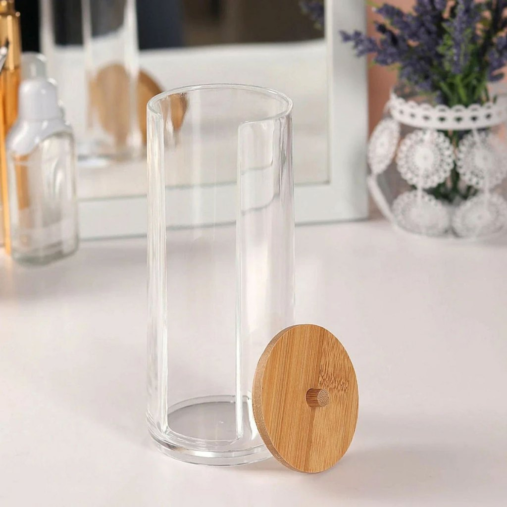 Organizador Algodão E Cotonetes Acrílico Tampa Bambu Kit