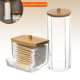 Organizador Algodão E Cotonetes Acrílico Tampa Bambu Kit
