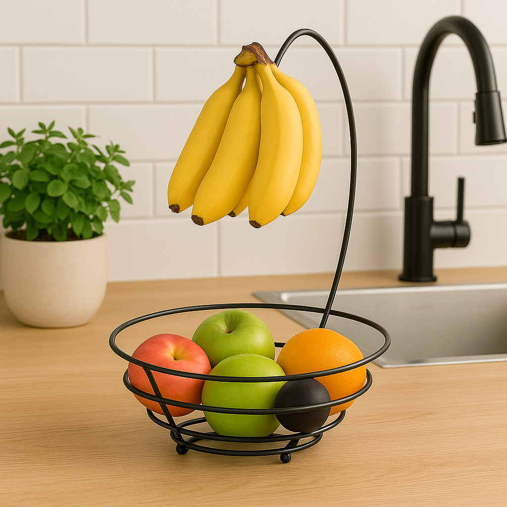 Fruteira Aramada Redonda Com Suporte Cesta Para Banana Arthi Preta Black Cesta Organizador De Frutas