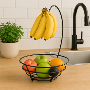Fruteira Aramada Redonda Com Suporte Cesta Para Banana Arthi Preta Black Cesta Organizador De Frutas