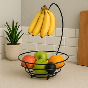 Fruteira Aramada Redonda Com Suporte Cesta Para Banana Arthi Preta Black Cesta Organizador De Frutas