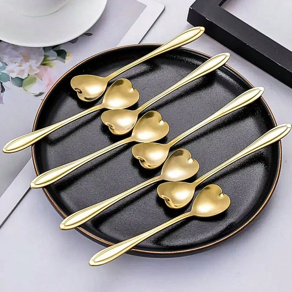 Kit Colher Coração Fofa para Cozinha Mesa Posta Douradas Café Sobremesa Chá Aço Inoxidável
