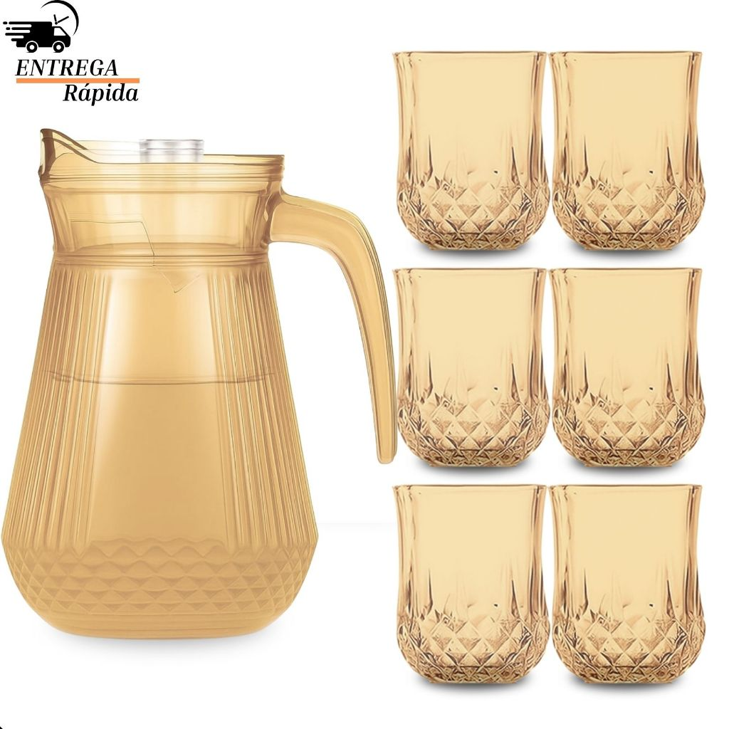 Conjunto de 1 Jarra de Vidro Âmbar com Tampa e 6 Copos – 7 Peças – Design Sofisticado e Resistente