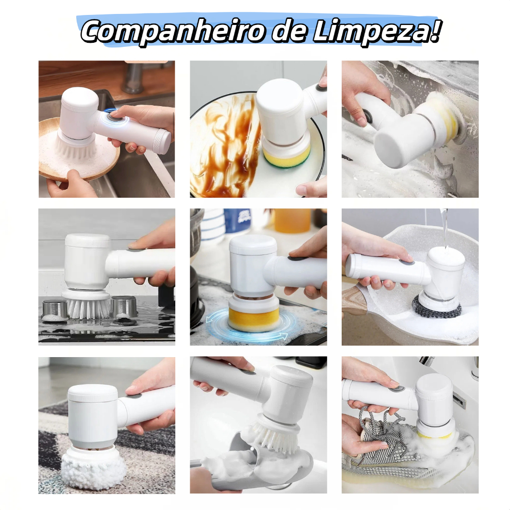 Escova de limpeza elétrica 5 em 1 limpador multiuso sem fio para cozinha / banheiro, limpeza diária