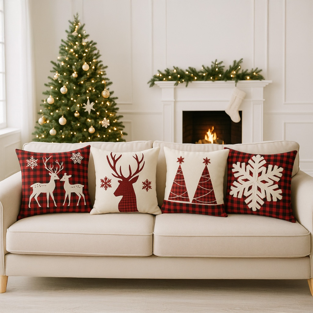 Kit 4 Capas de Almofadas Decorativas 45x45cm Feliz Natal Sala Quarto e Decoração