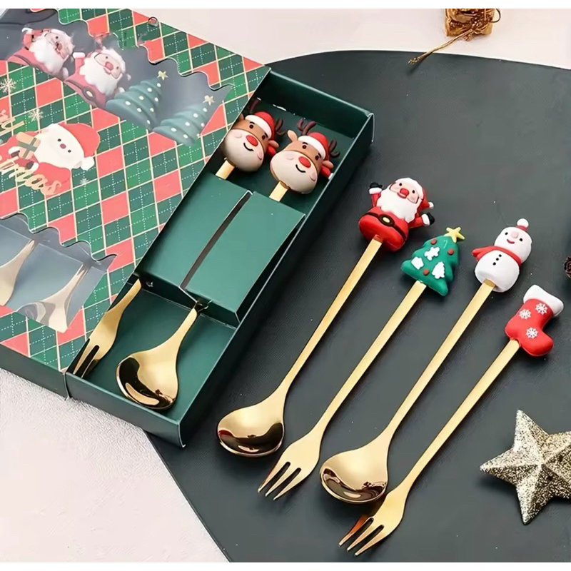 Conjunto com 2 ou 4 Talheres de Sobremesa de Natal