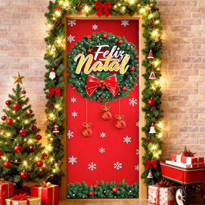 Capa de Porta Decoração Natal Em Tecido Sublimado Retangular Veste Porta C/Elástico