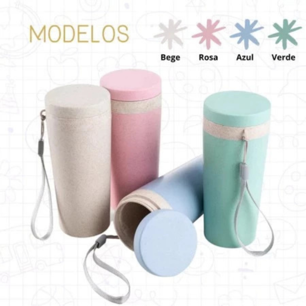 Kit 2 Copos Térmico 350ml Em Fibra De Bambu Com Alça Escola Bicicleta