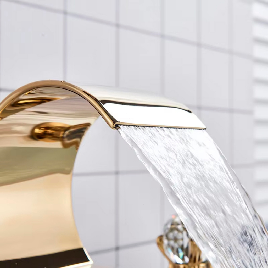 Torneira Misturador Lavatório Banheiro Dourado/Cromado Conjunto Metal Com Duplo Alças