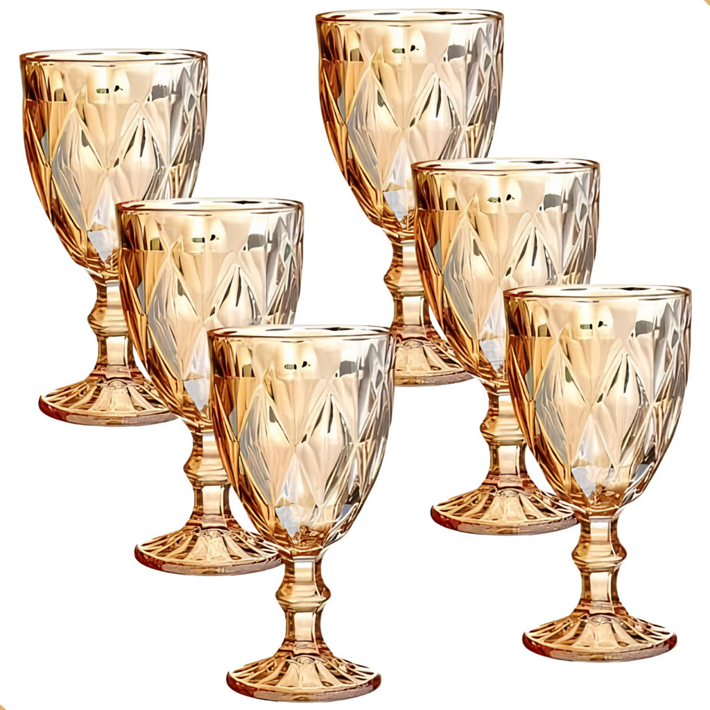 Jogo de 6 Taças de Vidro Diamond Transparente Ambar Furta Cor Verde Azul Fume Bico De Jaca 330ml