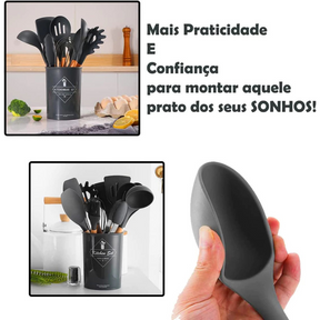 KIT 12 Peças de Utensílios Para Cozinha em Silicone e Bambu