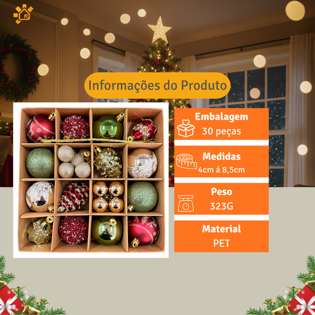 Kit 30 Bolas de Árvore Natalina Enfeites para Natal Decoração Luxo Pisca Pisca Bolinha Loja Casa
